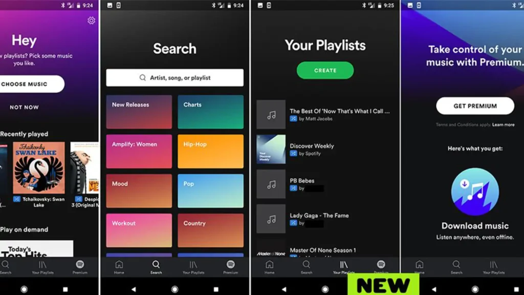 Spotify Premium interface desktop com três colunas biblioteca